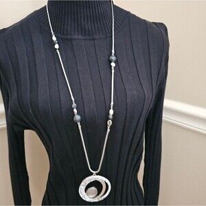 NEW WITH TAGS Chicos,Elegant Silver Pendent Necklace: Black Accents 32" Chain